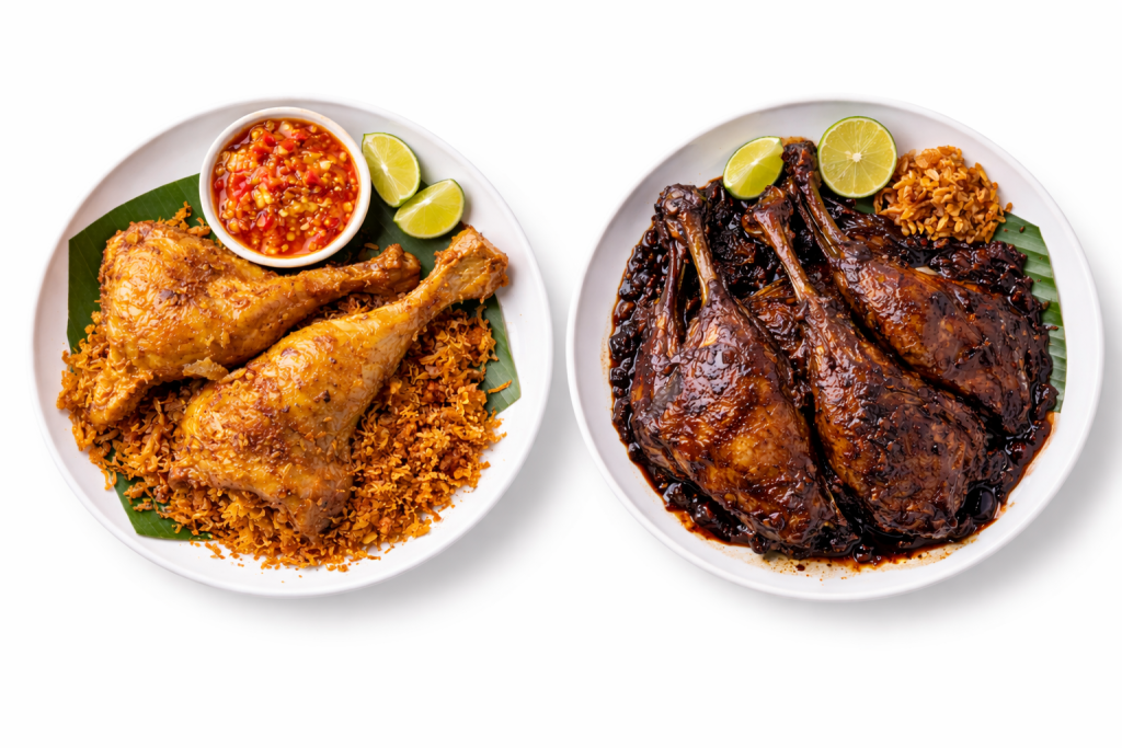 ayam goreng serundeng dan bebek bumbu hitam
