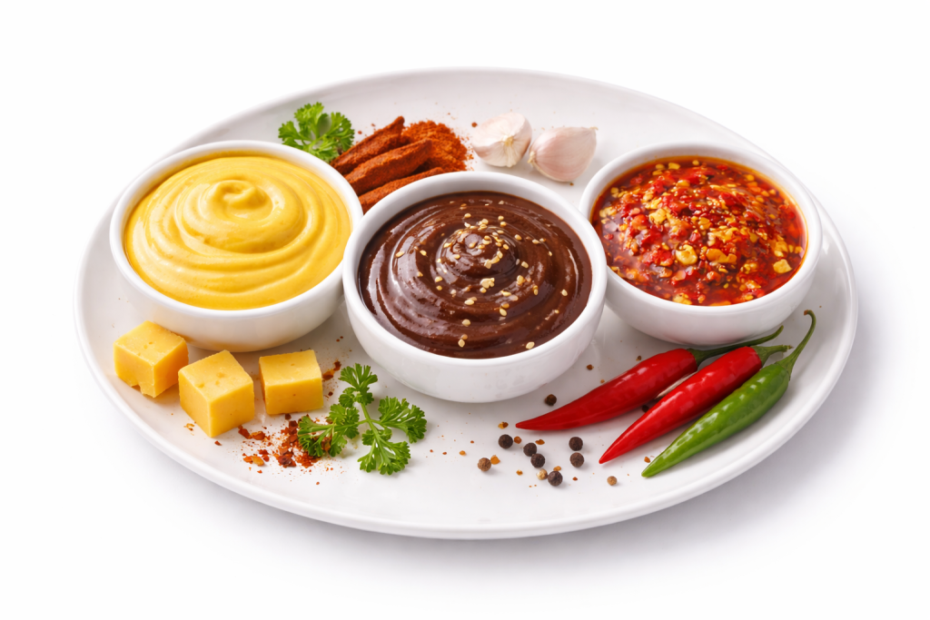 saos keju, saos bbq, dan chili oil